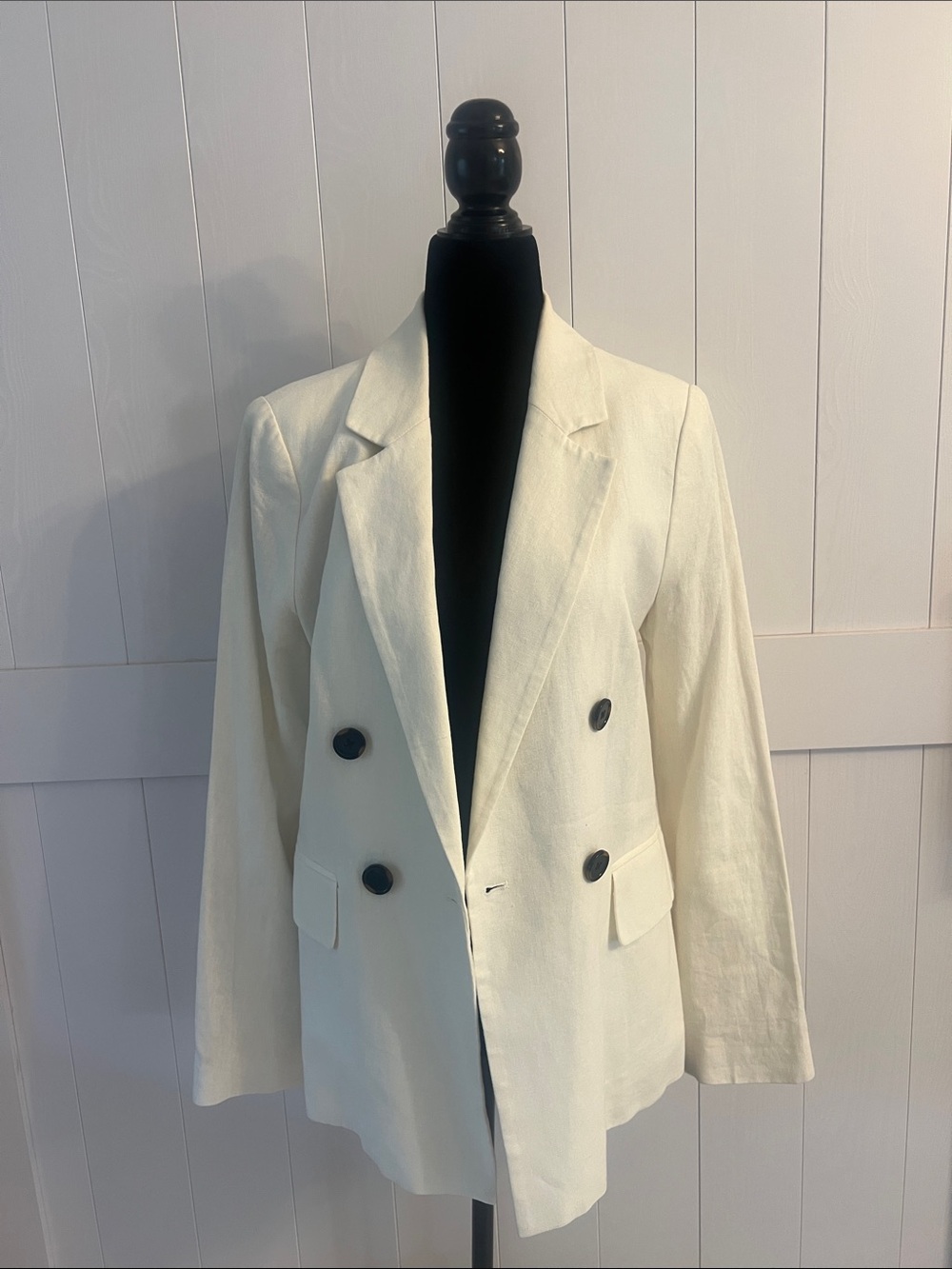 A Loves A Ivory Linen-Cotton Blend Double-Breasted Blazer